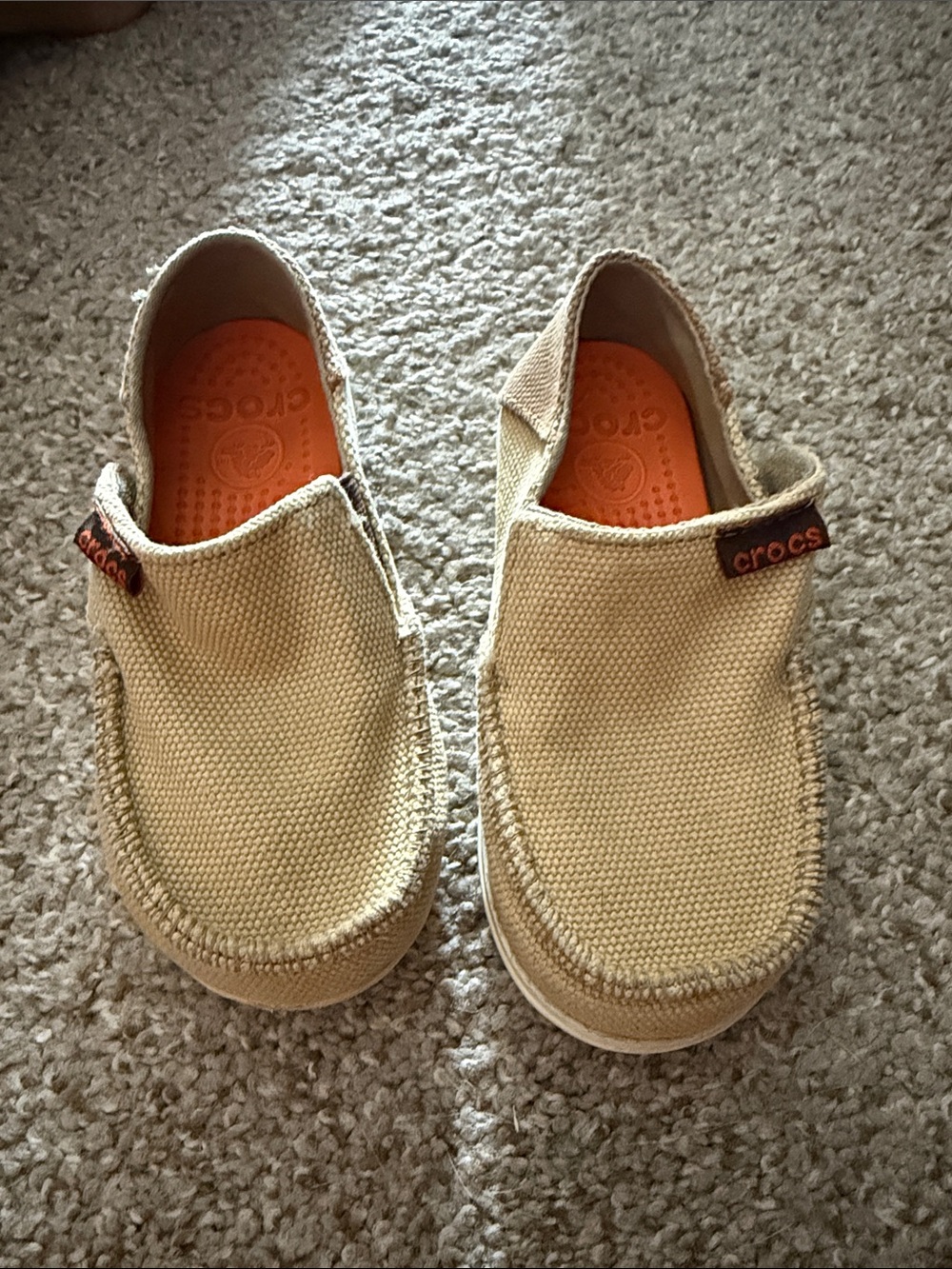 CROCS Kids Slip-On Canvas Shoes in Khaki with Orange Insole